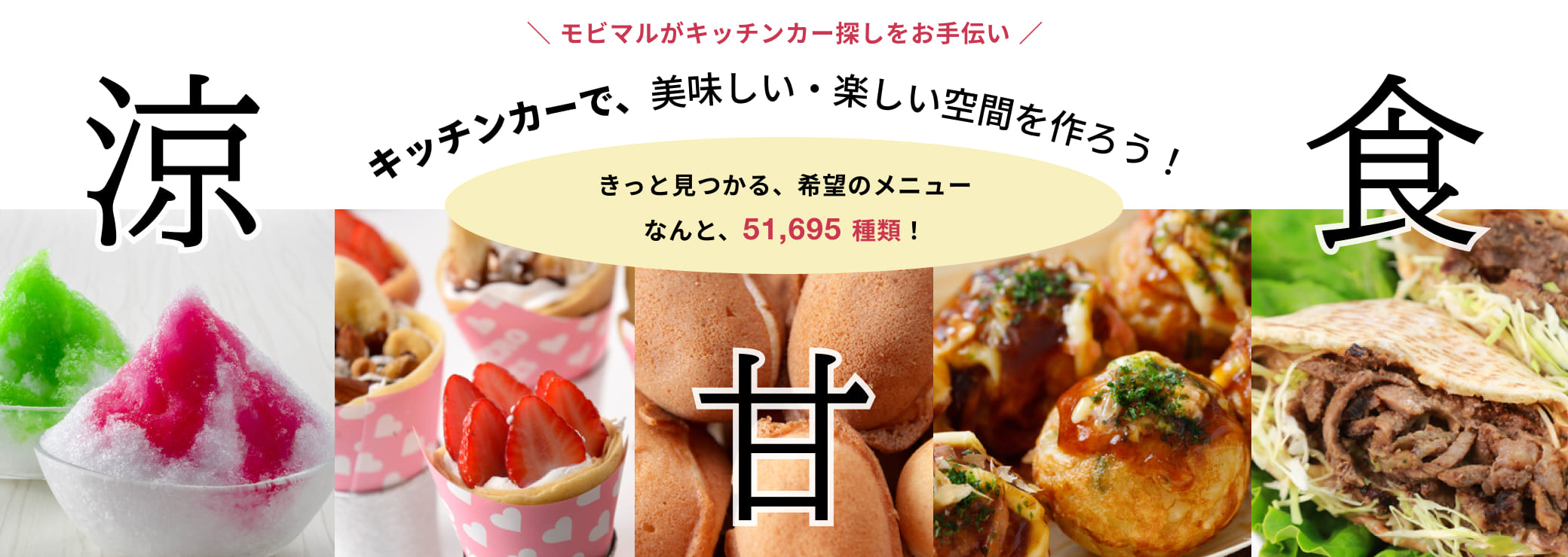 モビマルがキッチンカー探しをお手伝い キッチンカーで、美味しい・楽しい空間を作ろう！ きっと見つかる、希望のメニュー なんと、51,695種類！